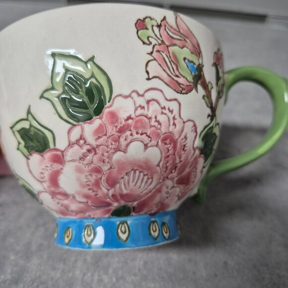 Dutch Wax Handpainted Embossed Footed Floral Coffee Tea Cup Mug - Picture 8 of 10
